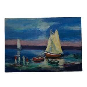 Early 21st Century Argentine Small Oil on Board Boats on the Lake Artist Signed